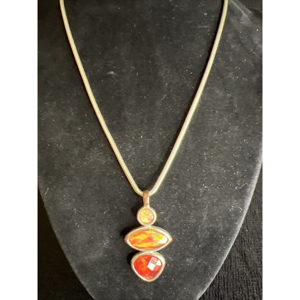 RMN Designs Faux Opal Mosaic Inlay Pendant Necklace Red Orange Iridescent